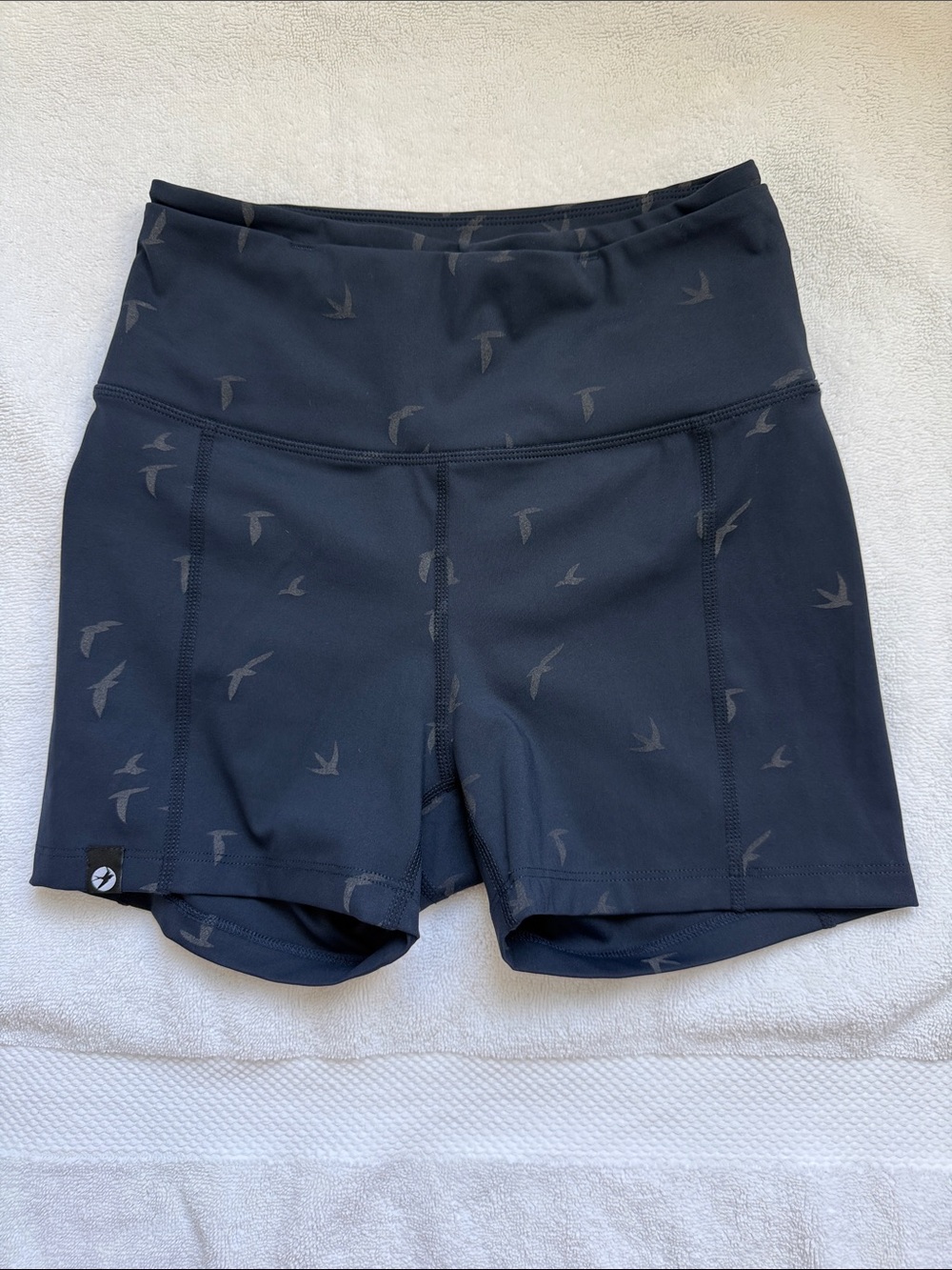 oiselle navy High-Rise Fitted Shorts with Subtle Bird Print